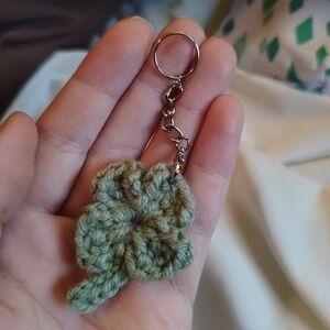 Handmade Crochet Four-Leaf Clover Keychain - Sage Green Silver Chain